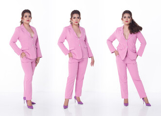 Full length body portrait of 20s Asian Business Woman wear Pink suit blazzer shoes. Tanned skin