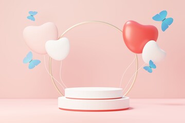 3d render minimal sweet scene with display podium for mock up and product brand presentation. Pink Pedestal stand for Valentine's Day's theme. Cute lovely heart background. Love day's design style.