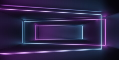 3d render of RGB neon light on darkness background. Abstract Laser lines show at night. Ultraviolet spectrum beam scene