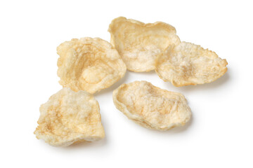 Fried Emping chips, a type of Indonesian chips close up isolated on white background