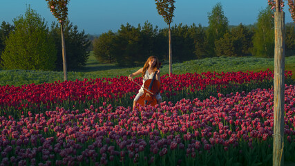 Unrecognizable young woman playing violoncello in blooming field in springtime. © stockbusters