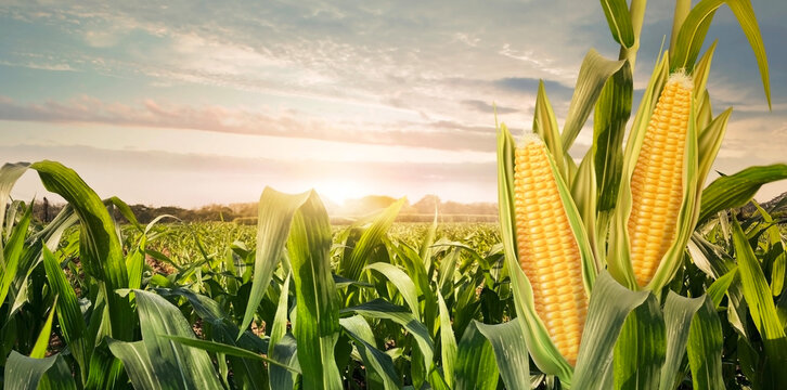 Agriculture corn field with sweet corn seeds,  of free space for your texts and branding.