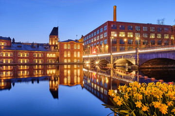 Tampere historical Finlayson and Frenckell buildings at blue hour 