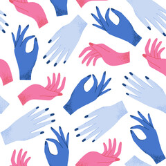 Vector seamless pattern of hands. Mysterious mythical repeat background. Different arms in blue and pink colors. Hand drawn style. Wallpaper, wrapping paper, textile