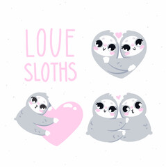 Fototapeta premium Hand draw graphics.Vector illustration. Set of cute sloths in the theme of Valentine's Day. 