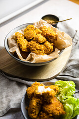 vegan chicken nuggets on a table with sides