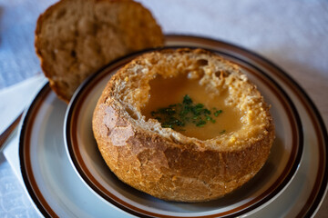 Typical Madeiran dish made by stuffed bread with fish sauce