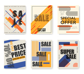 Set of isolated vector abstract sale banners in retro style with geometric shapes and text.