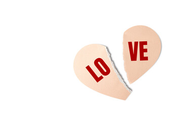 broken paper heart. happy valentine's day background. decorative festive object, heart shaped paper on white background. greeting card. holiday banner design. top view. flat lay