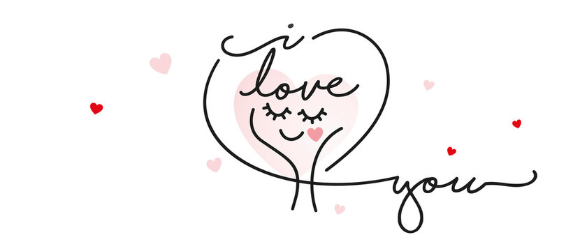 I love you handwritten typography inside cute line design in love girl face heart with some pink hearts Valentine's day greetings for banner social media background image and poster