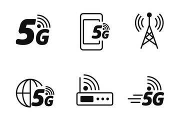 Set of 5g icon with black design isolated on white background