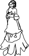 One line-art  sketch of bride in a dress