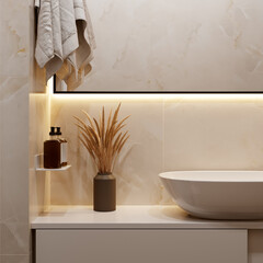 3d rendering. Modern bathroom interior with with a large mirror with backlight, white washbasin and...