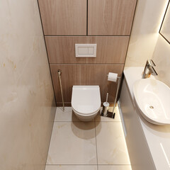 Modern toilet interior with beige tiles and white toilet. 3d rendering