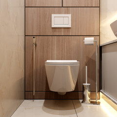 Modern toilet interior with beige tiles and white toilet. 3d rendering. Top view