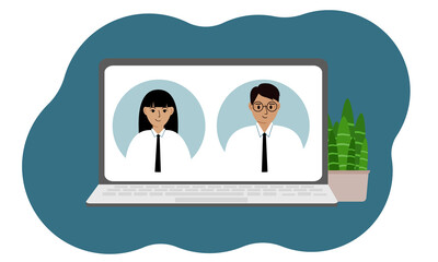 Fototapeta premium Online webinar or online training. Laptop with a picture of a man and a woman professionals. vector
