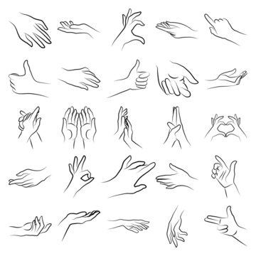 Set of miscellaneous women hands gestures simple outline minimalistic linear style. Vector Illustration of female hands for create logos, prints and other designs on white background