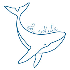 Humpback whale with handdrawn phrase oh, whale minimalist simple outline vector logo illustration. Isolated contour whale drawing on white background