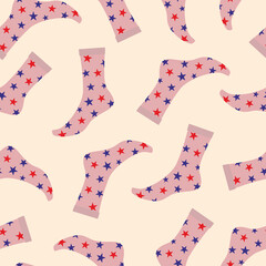 Socks, knee socks, stockings. Seamless pattern. Woman, female, girls feet, legs walking in bright colored print. Fashion socks, knee socks with color ornament. Color Isolated flat vector illustration