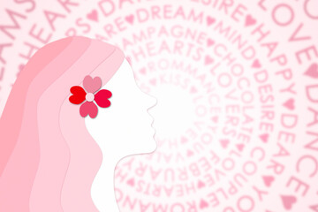 Valentine's day word cloud with silhouette profile of a woman on pink red copy space illustration background. 