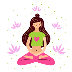 Meditation. A young woman sits in a lotus position with her eyes closed and meditates. Yoga practice. Flat design. Hand drawn. Isolated image on a white background. Vector illustration.