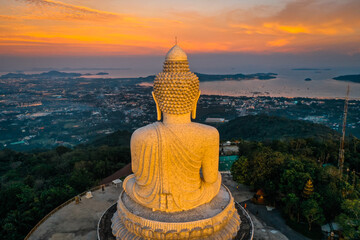 Aerial view of Big Buddha viewpoint at sunset in Phuket province, Thailand