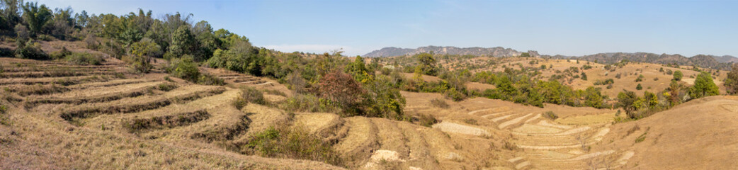 Panoramic view of valley with rice terraces