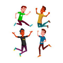 jumping teen boy set. young man. jump male. joy teenager. excited person. fun guy. sport student. action child vector illustration