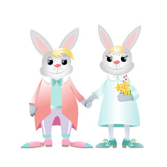 Happy Easter bunnies are smiling tenderly. Rabbits are dressed in bright clothes. Vector illustration isolated on white background.