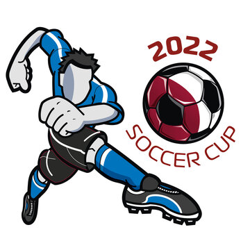 Soccer player with blu uniform kicking the ball at the 2022 soccer cup.
