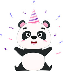 Cute cartoon panda with confetti . Panda on white background. Vector illustration