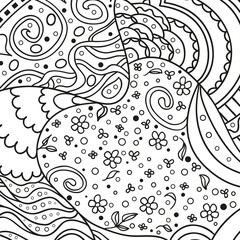 Square intricate pattern. Hand drawn mandala on isolated background. Design for spiritual relaxation for adults. Doodle for work. Black and white illustration for coloring