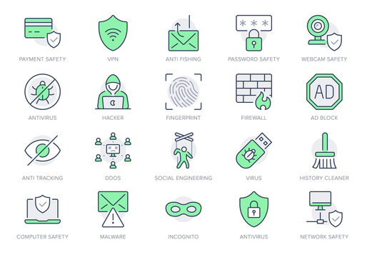 Cybersecurity line icons. Vector illustration include icon - ddos, email, malware, hacker, fingerprint, shield, phishing outline pictogram for computer safety. Green Color, Editable Stroke