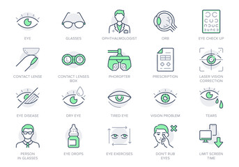 Ophthalmology line icons. Vector illustration include icon - contact lens, eyeball, glasses, blindness, eye check, outline pictogram for optometrist equipment. Green Color, Editable Stroke - obrazy, fototapety, plakaty