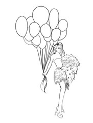 A girl with hair and tanned skin holds balloons and a large bouquet of roses in her hands. A woman in a short evening dress and high-heeled shoes. An illustration for a birthday or Valentin