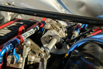 The detail of the engine of the historic rallye car.  