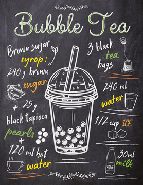 Bubble Tee Rezept, Milch Tee auf schwarze Retro Kreide Tafel. Boba Tee.