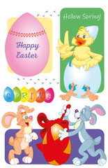 Obraz na płótnie Canvas Easter stickers with bunnies, eggs and chick. Vector