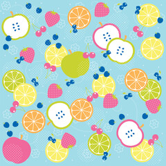 This retro themed pattern is reminiscent of 1980s style. This fruity vector pattern repeats seamlessly and would be perfect for a background or surface design.