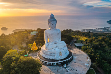Aerial view of Big Buddha viewpoint at sunset in Phuket province, Thailand