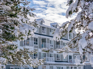 Winter scenery with low-rise residential building in Vancouver, Canada