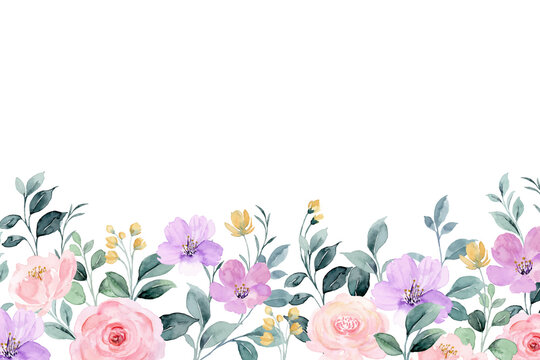 Pink purple flower garden background with watercolor