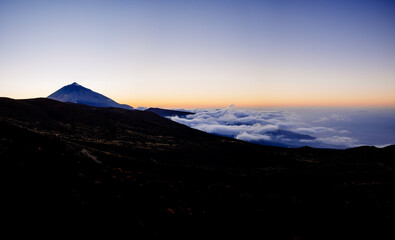 Relaxing sea of clouds at sunset in the hills near Mount Teide