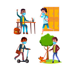 school kid boy wearing mask coronavirus student. pandemic child. elementary education. safety mask. happy kid. quarantine class. primary classroom. people vector illustration