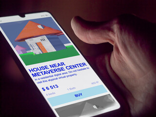 Buy Nft, invest in metaverse, tokenized house, invests in building NFT. Investment nft in decentralized world. Virtual real estate market speculative token. Architectural coin of virtual land in meta