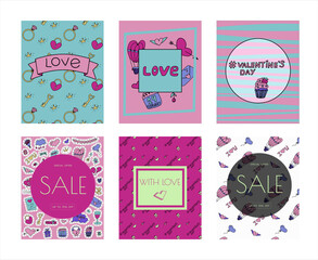 Doodle banners for Valentine s day. Vector colorful illustration for the holiday on February 14. Hand draw set for romance, wedding, date, invitation, greeting card, love. Icons for banners, sales