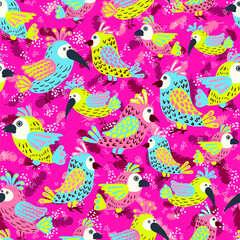 Vector seamless pattern with parrots. Cute stylized birds. blank for printing on fabrics and paper for children