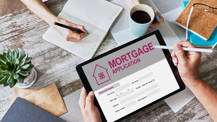 Online mortgage application on screen. Property loan. Business and financial concept.