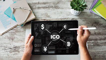 ICO - Initial coin offering. Blockchain and financial technology concept.