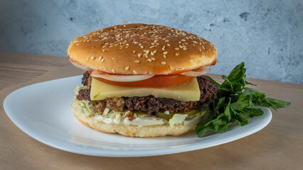 Delicious hamburger with cutlet and cheese on white plate baclground. Image for design menu.